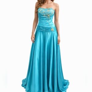 The Cool Collection Turquoise Strapless Embellished Long Evening Gown